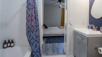 Hair dryer, towels, soap, shampoo