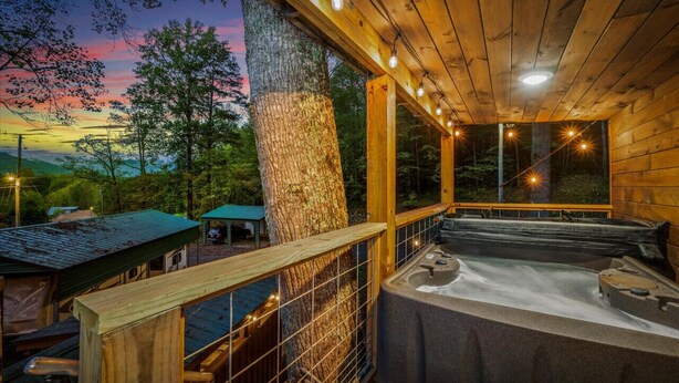 A wooden cabin with a hot tub and a view of the forest. - The Tree Spa, Tiny Cabin w/ Hot Tub in the trees (Hayesville)