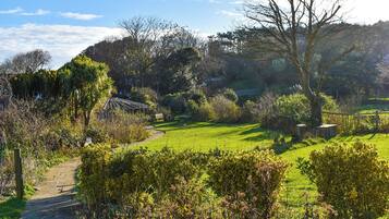 A garden with a paved path, benches, and a gazebo.