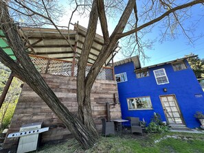 A blue house with a wooden deck, a grill, and a tree in the foreground.