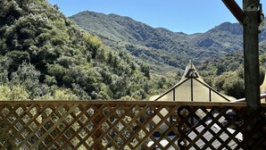 A view from a wooden balcony overlooking a mountainous landscape with dense greenery and a clear blue sky. - Panoramic Loft with Deck, Private Trails and Creek (Topanga)