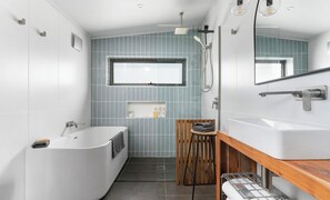Hair dryer, towels, soap, shampoo