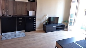 A modern kitchen with a built-in microwave, a sink, and a black cabinet. There's a black TV stand with a flat-screen TV and a small plant. The room has wooden flooring and a large window. - Lovely studio in the artists' quarter (Sète)