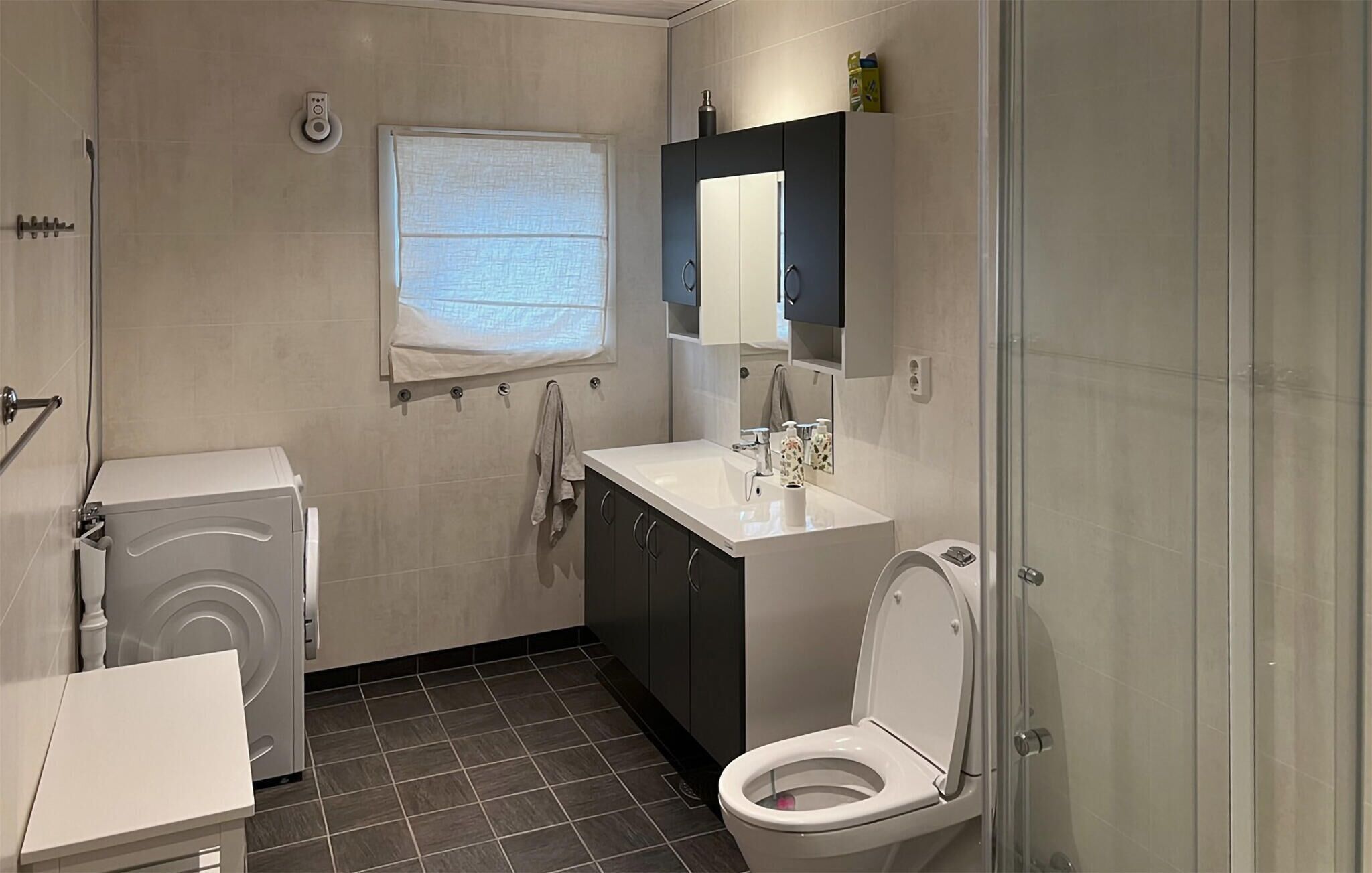 Une petite salle de bain comprenant des toilettes, un lavabo et un lave-linge.