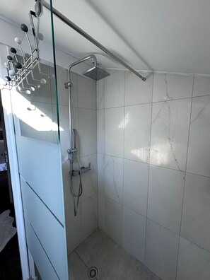 Hair dryer, towels, soap, shampoo