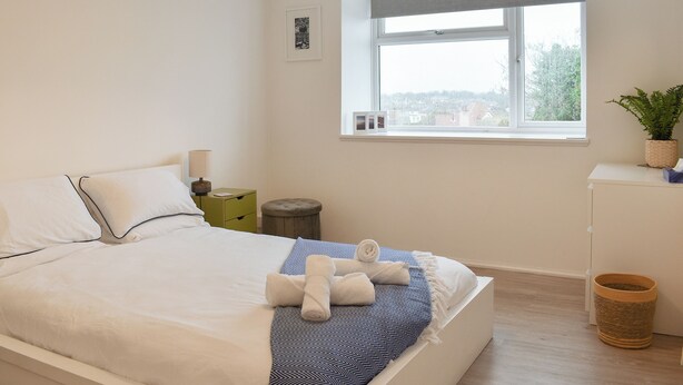 A neatly made bed with a blue and white patterned blanket, a bedside lamp, a small green nightstand, a window with a view of buildings, and a potted plant on a white dresser.
