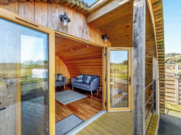 Terrace/patio - This luxury lodge with a private hot tub is perfect for exploring Mid Wales. (St Harmon, near Rhayader)