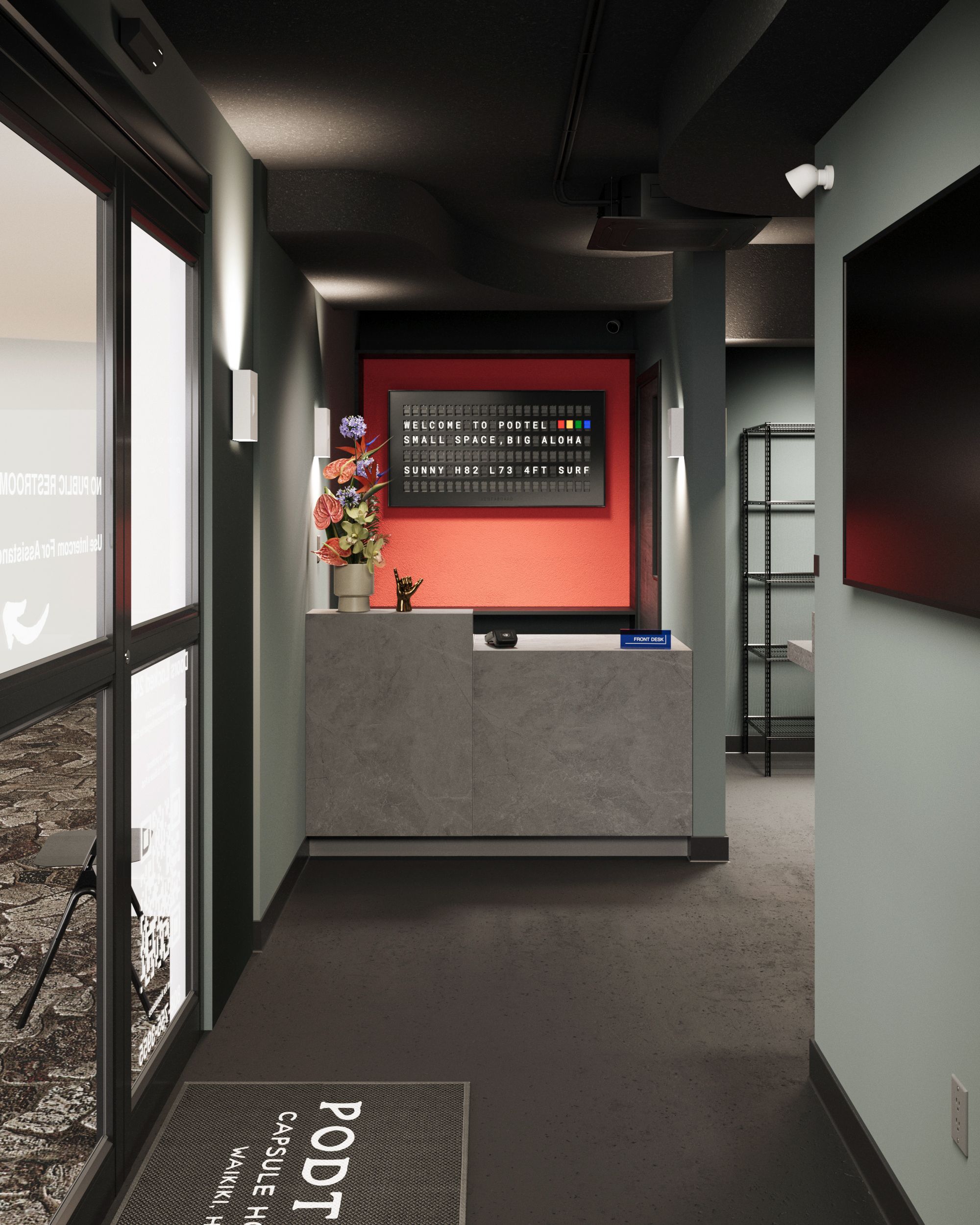 A reception area with a modern design, featuring a reception desk, a welcome sign, and a potted plant.