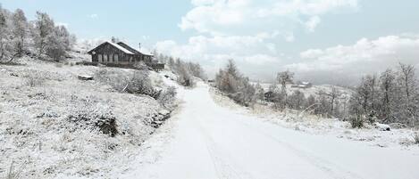 Een besneeuwde landweg met een houten hut aan de linkerkant.