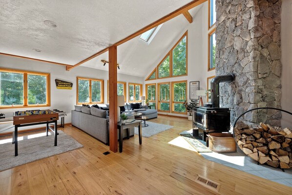 Smart TV, fireplace, foosball, books