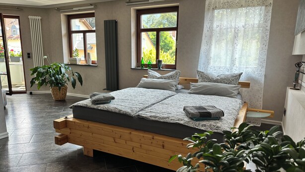 Een slaapkamer met een houten bed, een radiator, een plant in pot en uitzicht op buiten.
