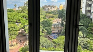 Vista desde una ventana con vista a un parque con árboles y una fuente, edificios al fondo y cielo despejado.