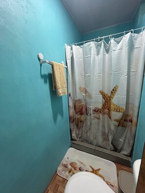 Chambre Confort double, balcon, vue sur la montagne | Salle de bain | Douche, séchoir à cheveux, serviettes fournies, savon