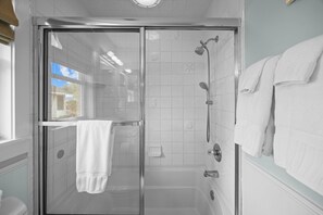 Hair dryer, towels, soap, toilet paper