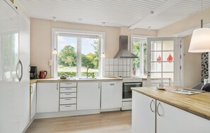 Fridge, stovetop, dishwasher, coffee/tea maker