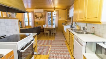 Fridge, microwave, dishwasher, cookware/dishes/utensils