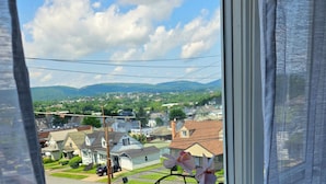 A window with a view of a residential area, a road, and a mountain range.