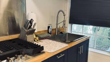 Una cocina moderna con extractor de acero inoxidable, pileta integrada y ventana con vista a follaje.