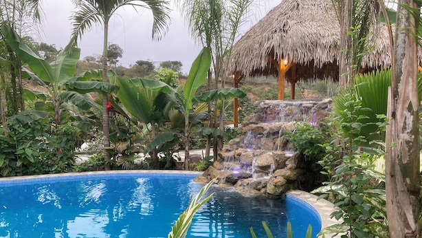 A pool surrounded by tropical vegetation and a small waterfall. - Hotel La Costa International (Salango)