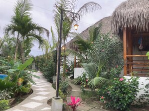 A tropical garden with a thatched-roof structure, a paved pathway, and various tropical plants. - Hotel La Costa International (Salango)