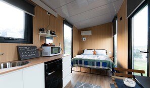 1 bedroom, bed sheets - Bruce Farm Alpaca Cabin 1 by Tiny Away (Hillend)