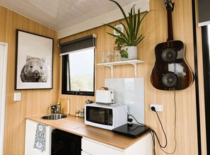 Fridge, microwave, stovetop, coffee/tea maker