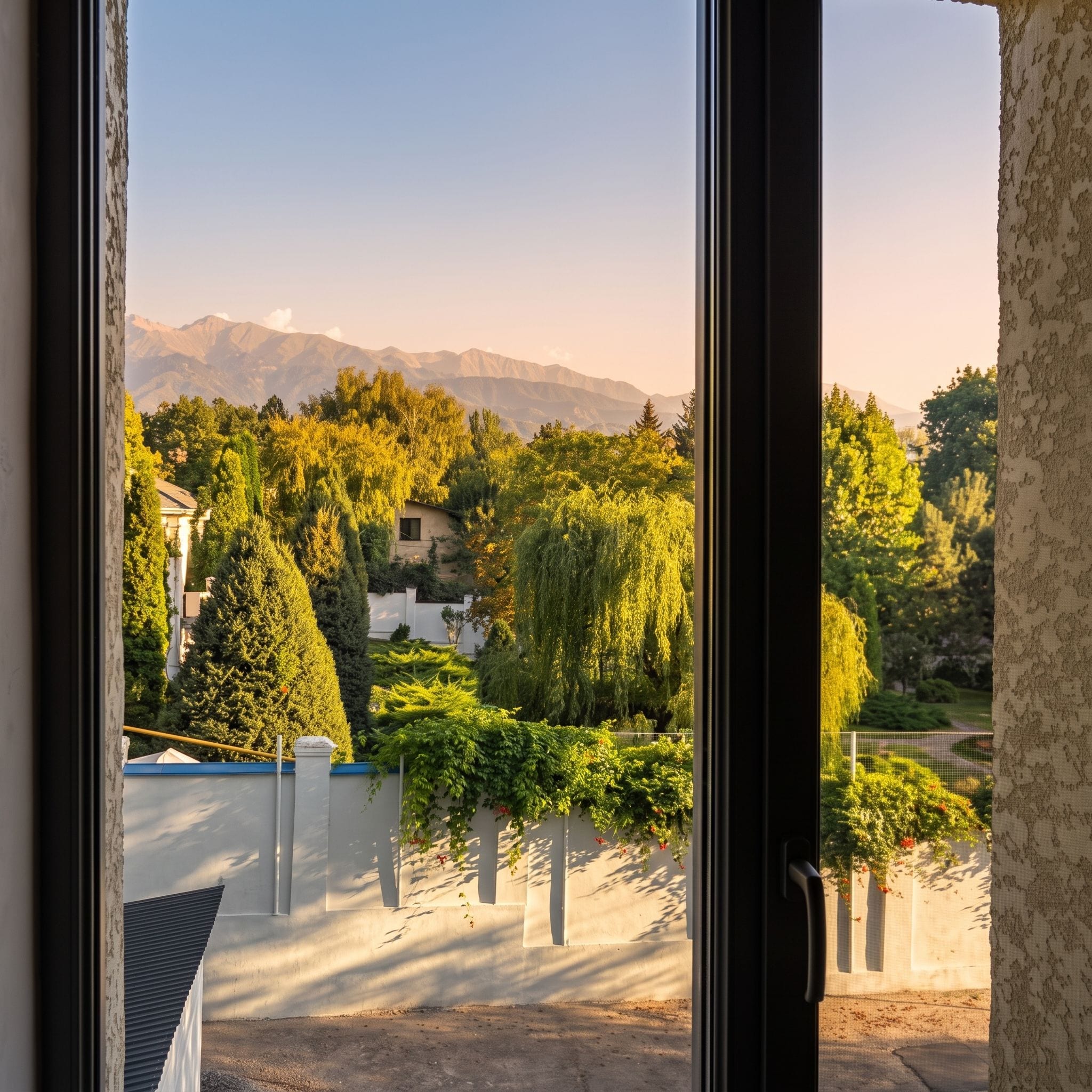 A view through a window of a residential area with a mountain backdrop, a well-maintained garden, and a clear sky.