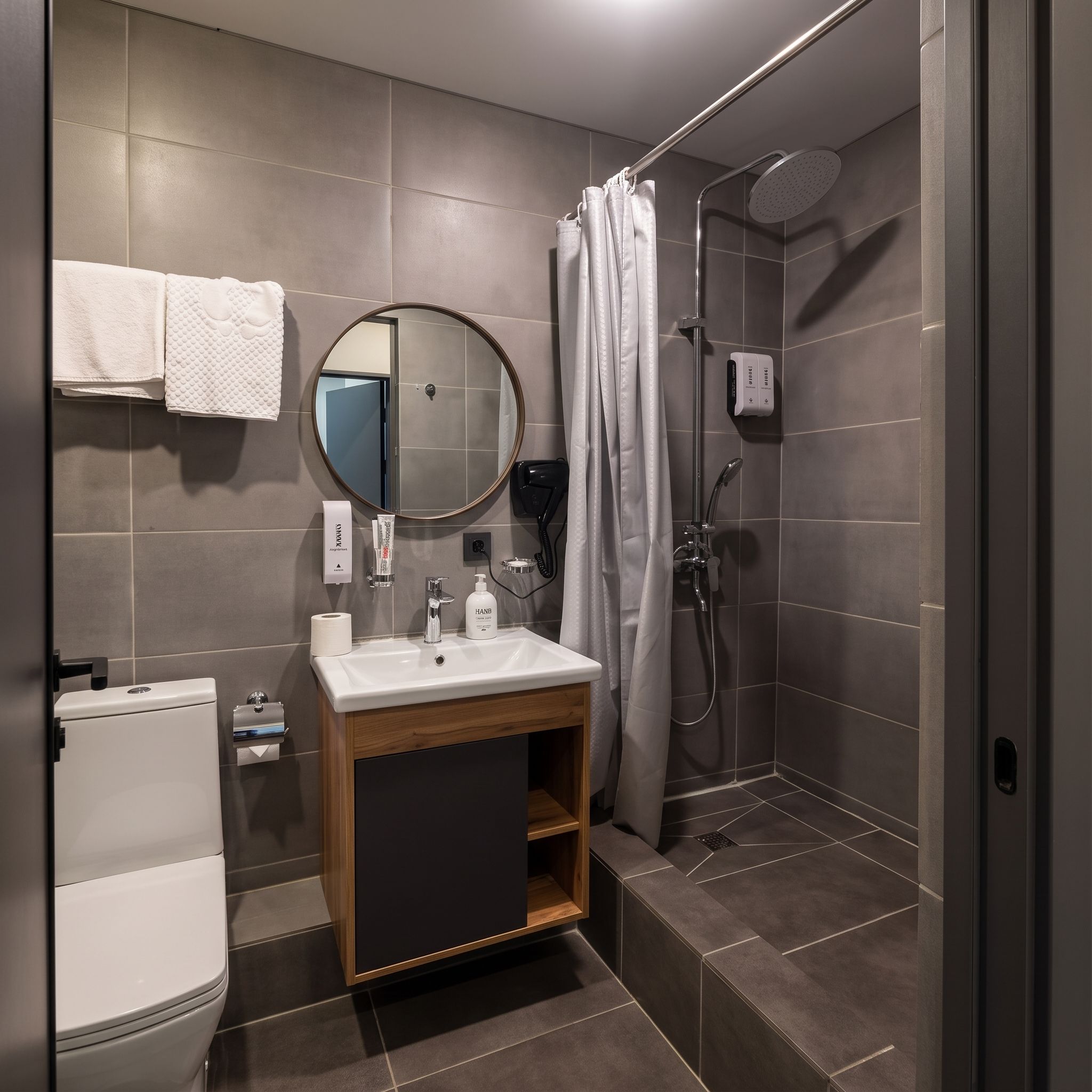 A modern bathroom with a toilet, sink, mirror, shower, and towel rack.