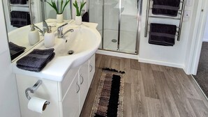 A modern bathroom with a glass shower enclosure, a white sink, and a large mirror. - Private Studio - Perfect for short stays in Taupo. (Taupo)