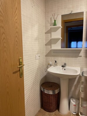 Secador de cabelo, sabonete, papel higiênico