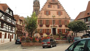 A traditional European building with a clock tower, a staircase leading to the entrance, and flower boxes on the facade.