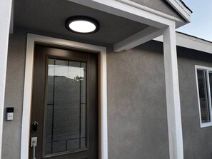 A modern building entrance with a door, a security camera, and a light fixture above.