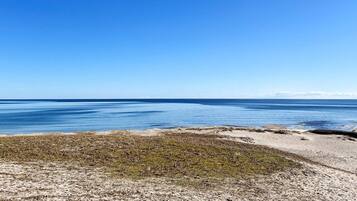 A beach with clear skies and calm water.