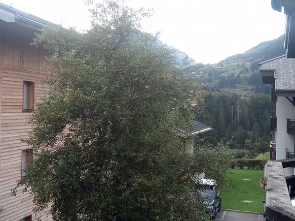 Zona residencial con un árbol grande al frente, un coche estacionado y una vista de un paisaje verde con colinas al fondo.