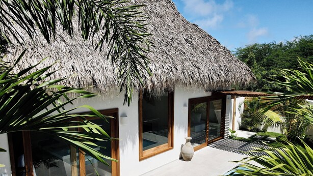 Une maison avec un toit de chaume, de grandes fenêtres et une piscine.