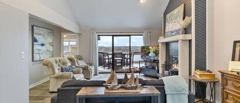 Smart TV, fireplace, table football, books