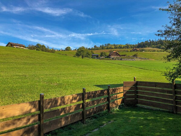 A grassy field with a wooden fence and a building in the background.