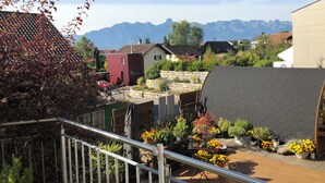 Zona residencial con vistas a montañas, un edificio rojo y diversas plantas en macetas.
