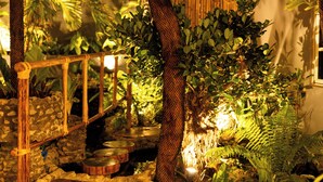 Un jardín nocturno con un puente de madera, cerca de bambú y diversas plantas.
