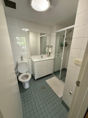 Shower, hair dryer, towels, soap