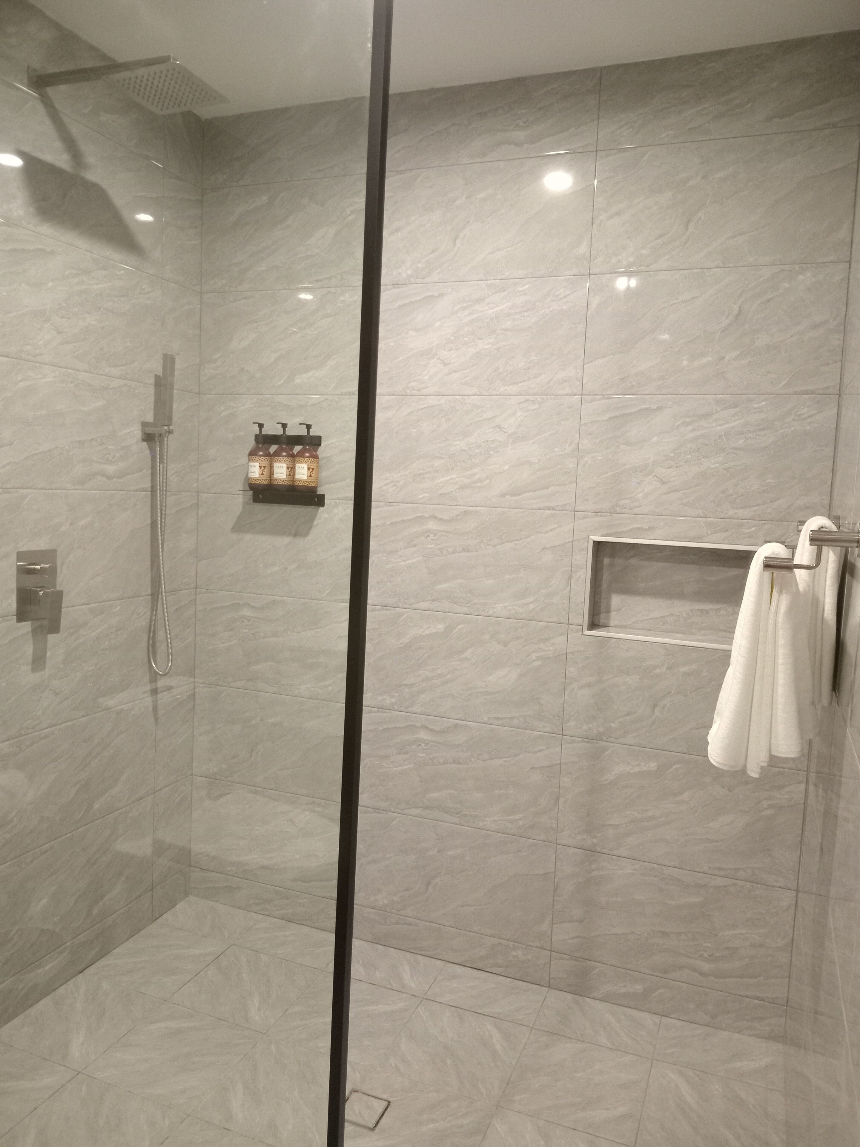 A modern shower area with a glass door, a handheld showerhead, and a shelf with toiletries.