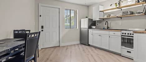 Microwave, stovetop, coffee/tea maker, toaster