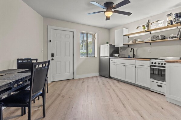 Microwave, stovetop, coffee/tea maker, toaster