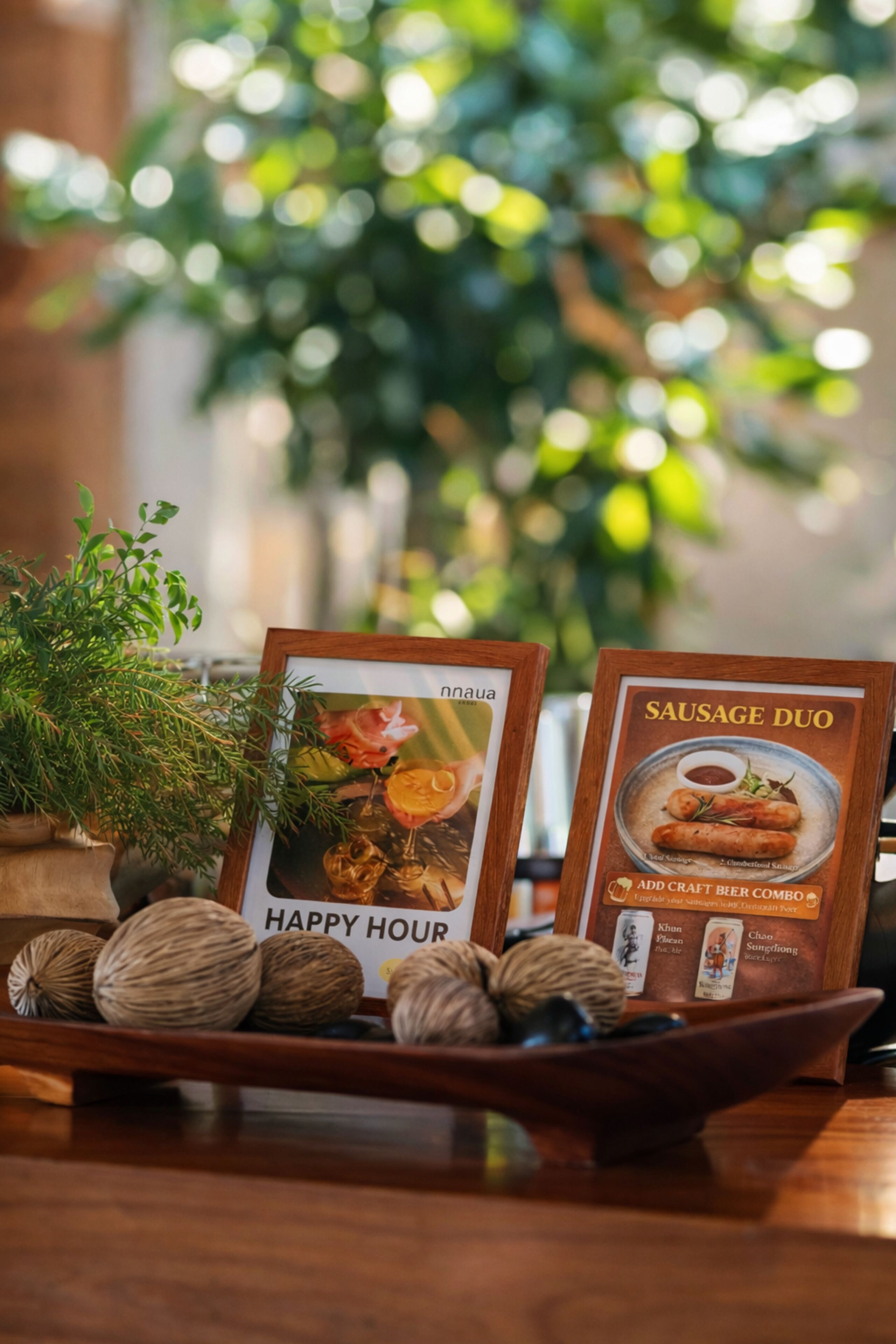 Une table avec un menu encadré, une plante en pot et des noix décoratives.