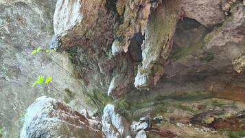 A cave interior with stalactites and stalagmites, dim lighting, and a natural rock formation.