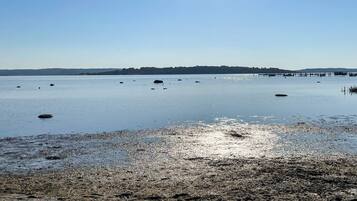 A calm body of water with rocks and a distant shoreline.