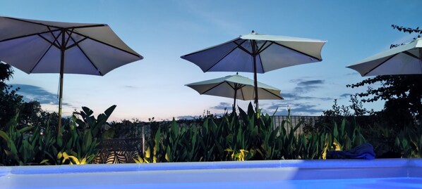 Outdoor pool, open 10:00 AM to 6:00 PM, pool umbrellas, pool loungers