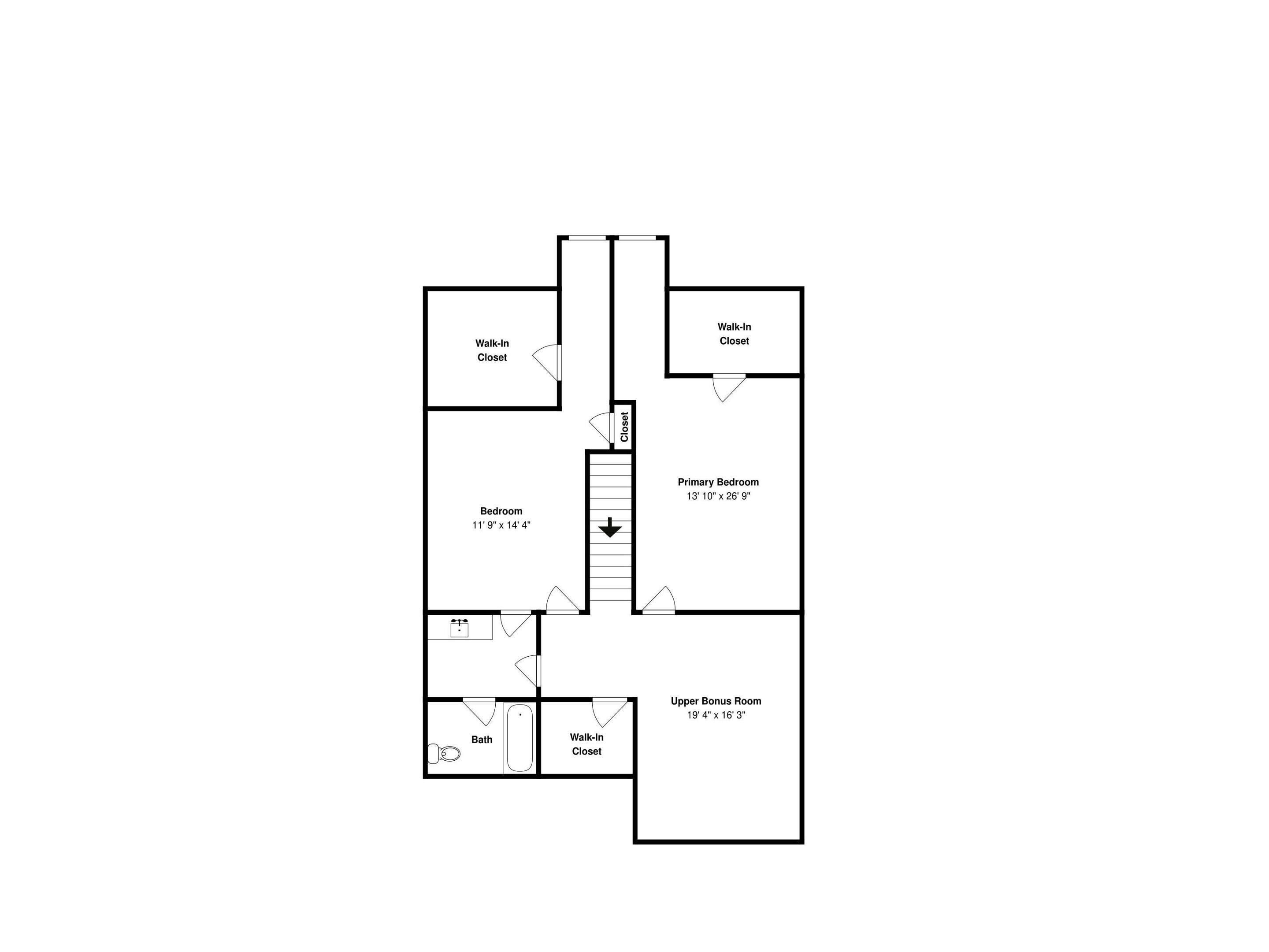 A floor plan of a hotel room with a bedroom, walk-in closet, primary bedroom, upper bonus room, and a bathroom.