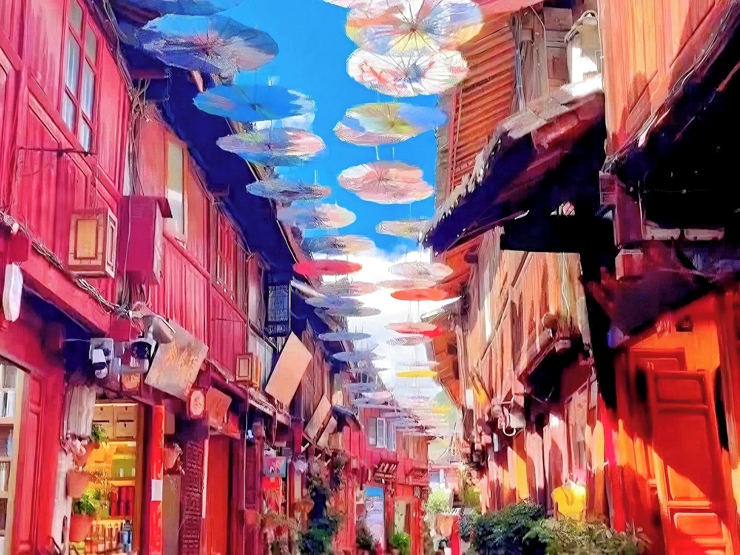 A narrow street with buildings on either side, featuring traditional architecture and multiple hanging umbrellas.