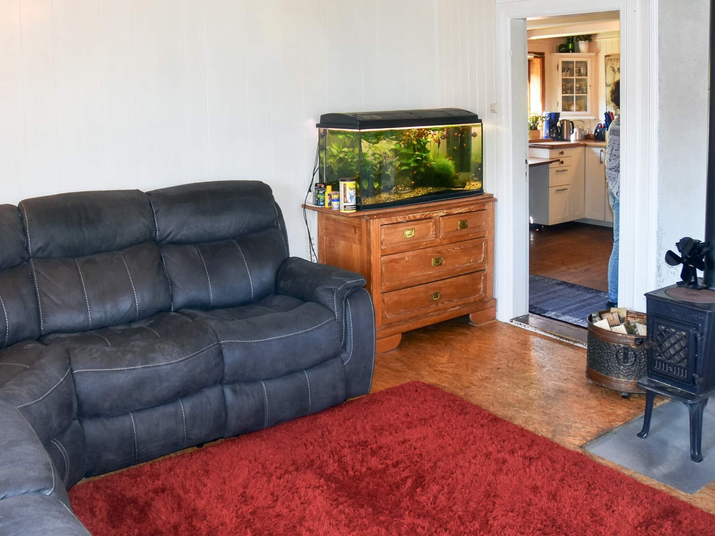 Un salon avec un canapé en cuir noir, un tapis rouge, un meuble en bois contenant un aquarium, et une cuisine visible à travers une porte ouverte.